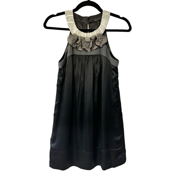Women BCBG Max‎ Azria Solid 100% Silk Black Ivory Cocktail Evening Dress Size 0 - Picture 1 of 12